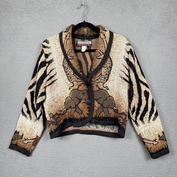 VTG Its‎ Outta The Bag Jacket Womens S Brown Africa Elephant Zebra Animal Safari - Picture 1 of 12